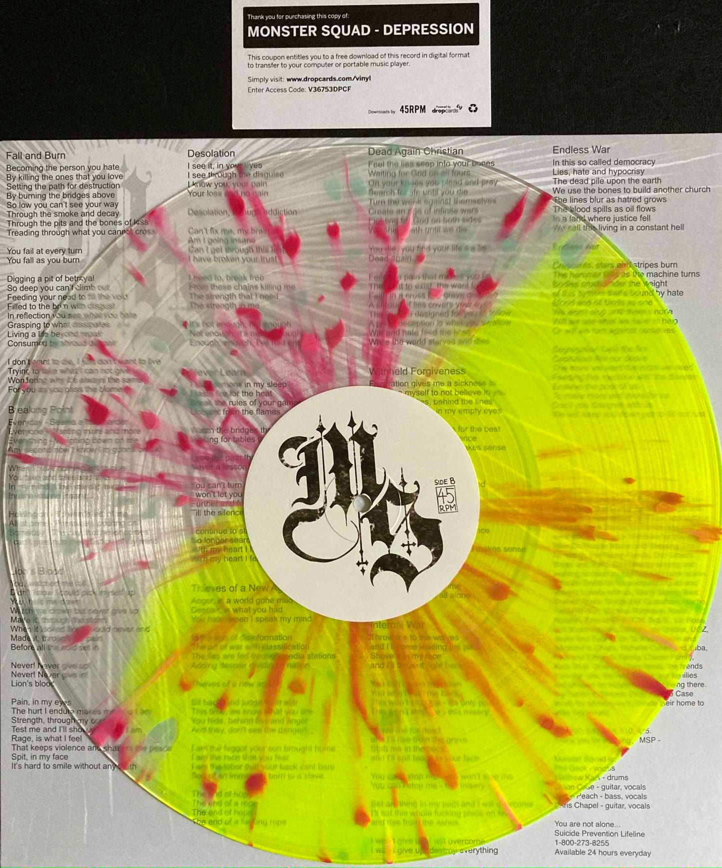 Monster Squad - Depression - LP lim 150pcs, clear half yellow with blue/pink splatter
